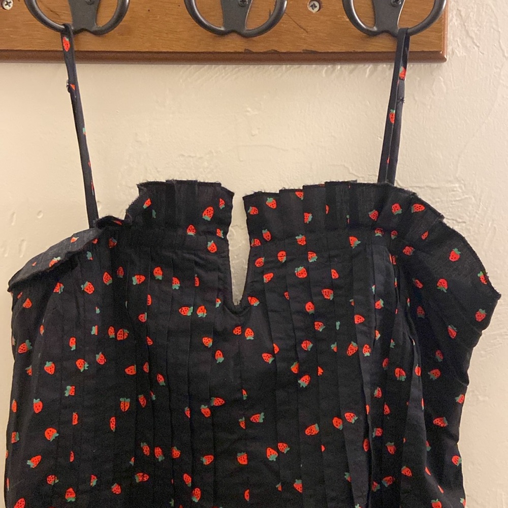 Madewell strawberry print smocked bodice black dress XS